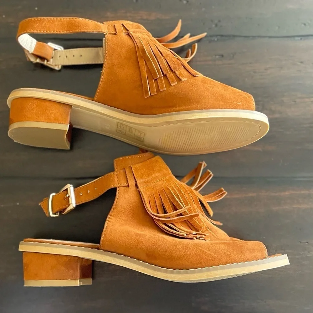 TOPSHOP Faux Suede Boho Fringe Open Peep Toe Heeled Sandals
